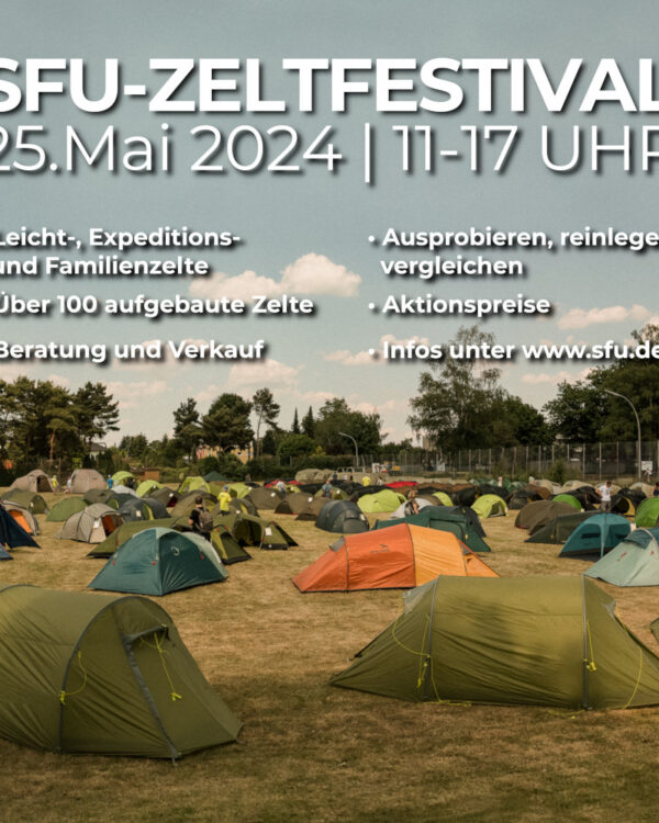 Jede Menge aufgebaute Zelte: Leicht-, Familien-, Expeditions-, Camping-, Bikepacking- und Solozelte u.a. der Firmen Big Agnes, Hilleberg, MSR, Nemo, Nordisk, Rejka, Robens, SeaToSummit, Tatonka, Vaude, Wechsel.
Ausstellung und Verkauf vor Ort.