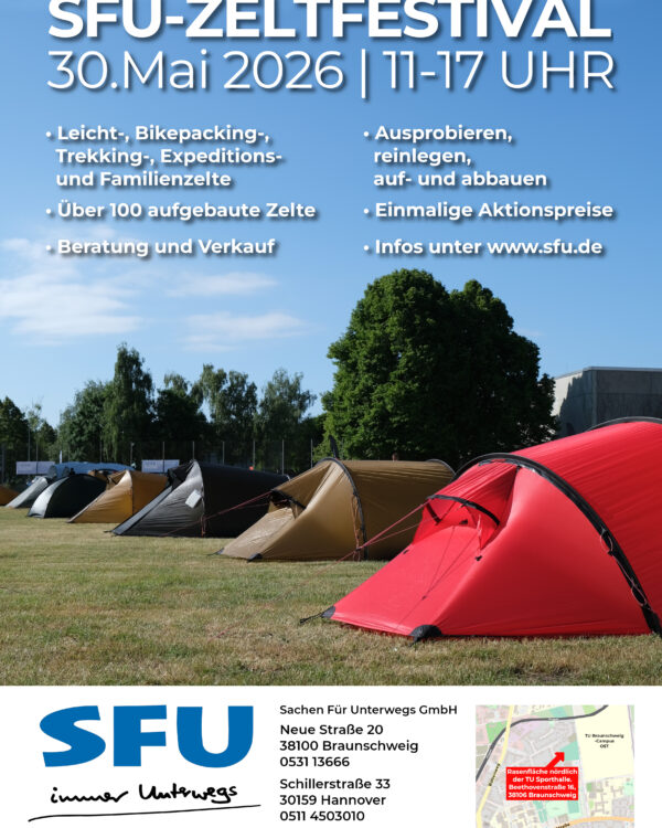 Jede Menge aufgebaute Zelte: Leicht-, Familien-, Expeditions-, Camping-, Bikepacking- und Solozelte u.a. der Firmen Big Agnes, Hilleberg, MSR, Nemo, Nordisk, Rejka, Robens, SeaToSummit, Tatonka, Vaude, Wechsel.
Ausstellung und Verkauf vor Ort.